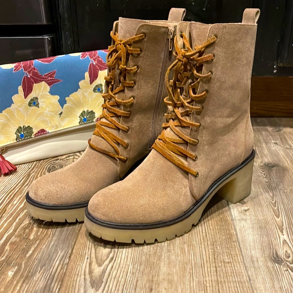 Tan suede lace up boots with heel
